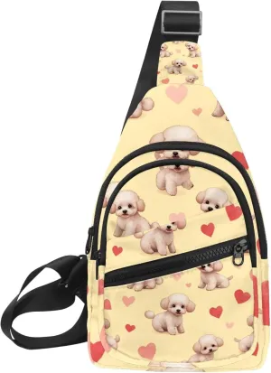 Crossbody Sling Backpack Sling Bag for Women Men, Bichon Frise and Hearts Fanny Packs Chest Bag for Running Hiking