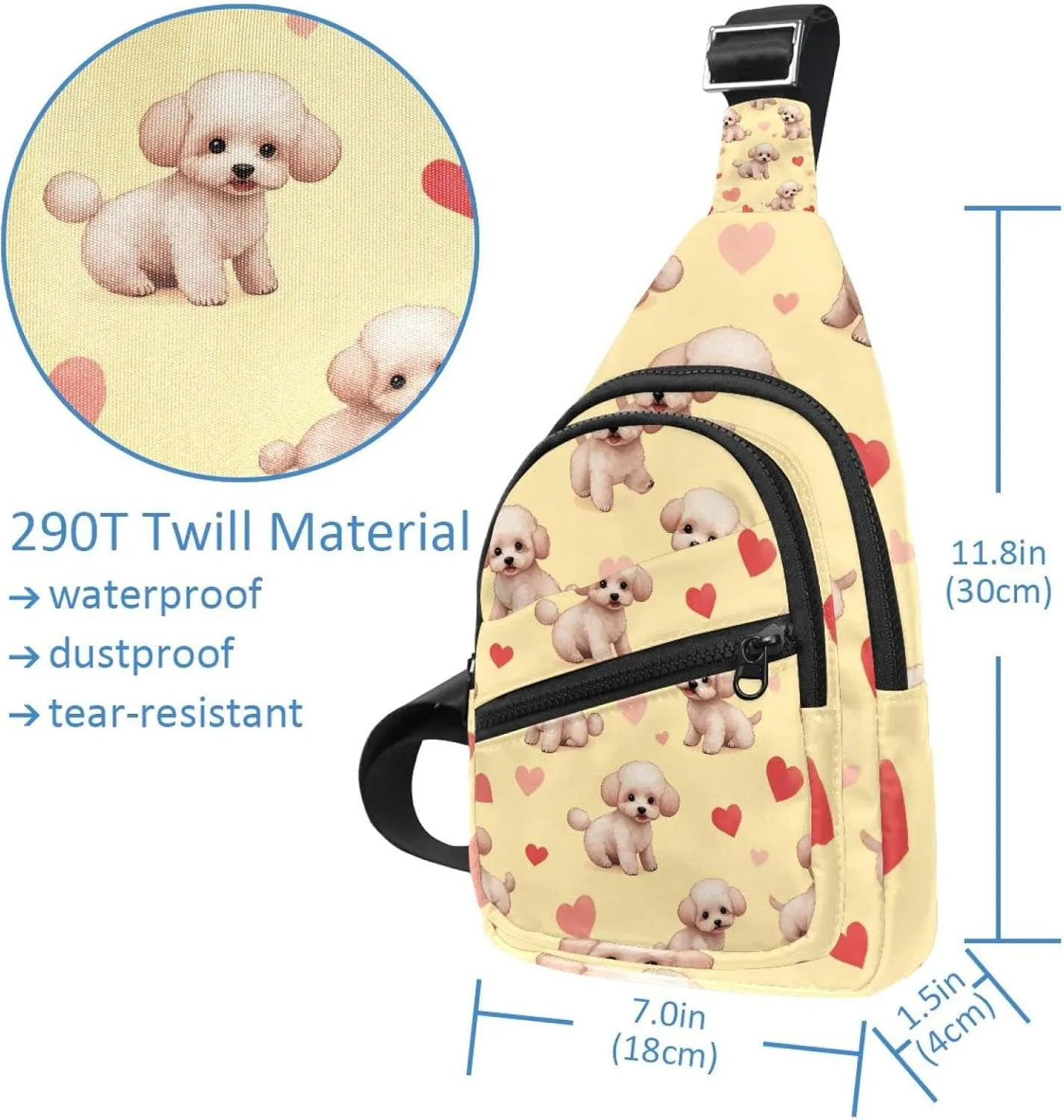 Crossbody Sling Backpack Sling Bag for Women Men, Bichon Frise and Hearts Fanny Packs Chest Bag for Running Hiking