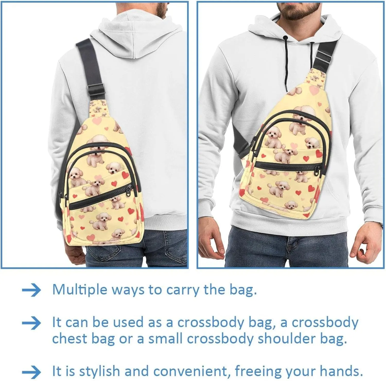 Crossbody Sling Backpack Sling Bag for Women Men, Bichon Frise and Hearts Fanny Packs Chest Bag for Running Hiking