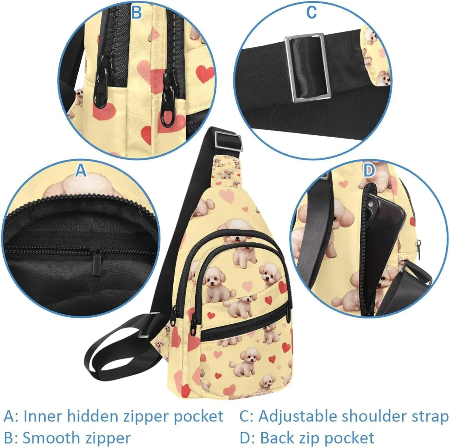 Crossbody Sling Backpack Sling Bag for Women Men, Bichon Frise and Hearts Fanny Packs Chest Bag for Running Hiking