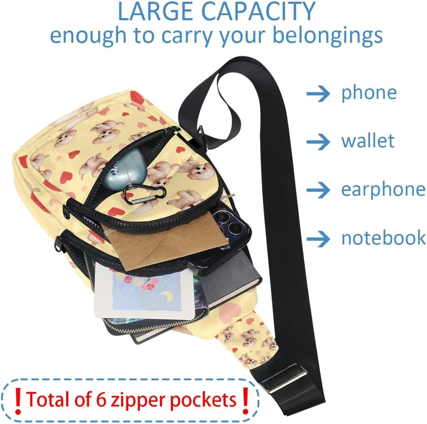 Crossbody Sling Backpack Sling Bag for Women Men, Bichon Frise and Hearts Fanny Packs Chest Bag for Running Hiking