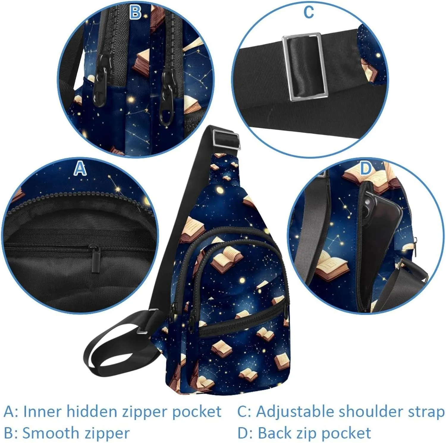 Crossbody Sling Backpack Sling Bag for Women Men, Magic Books Starry Sky Fanny Packs Chest Bag for Running Hiking