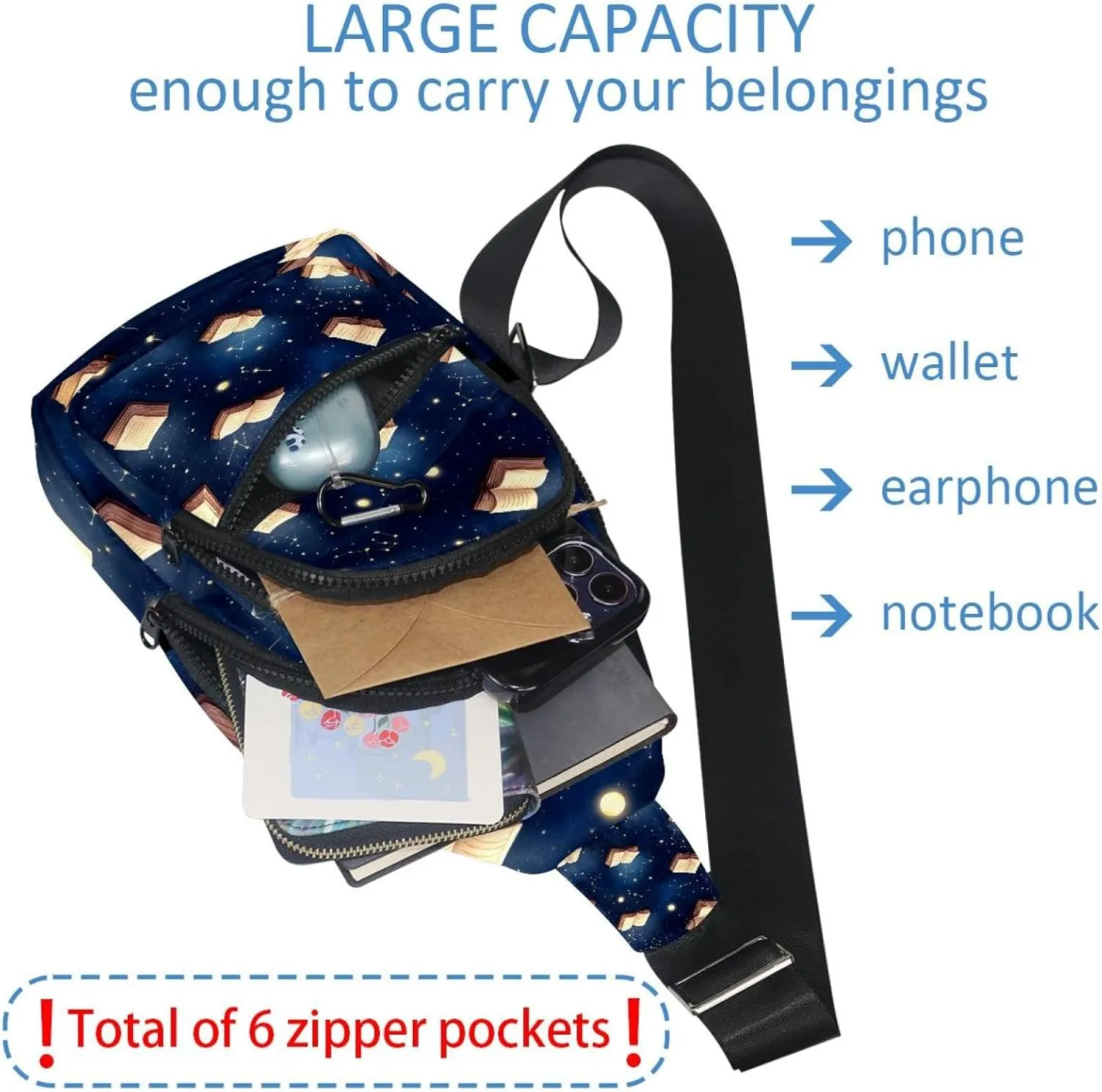 Crossbody Sling Backpack Sling Bag for Women Men, Magic Books Starry Sky Fanny Packs Chest Bag for Running Hiking