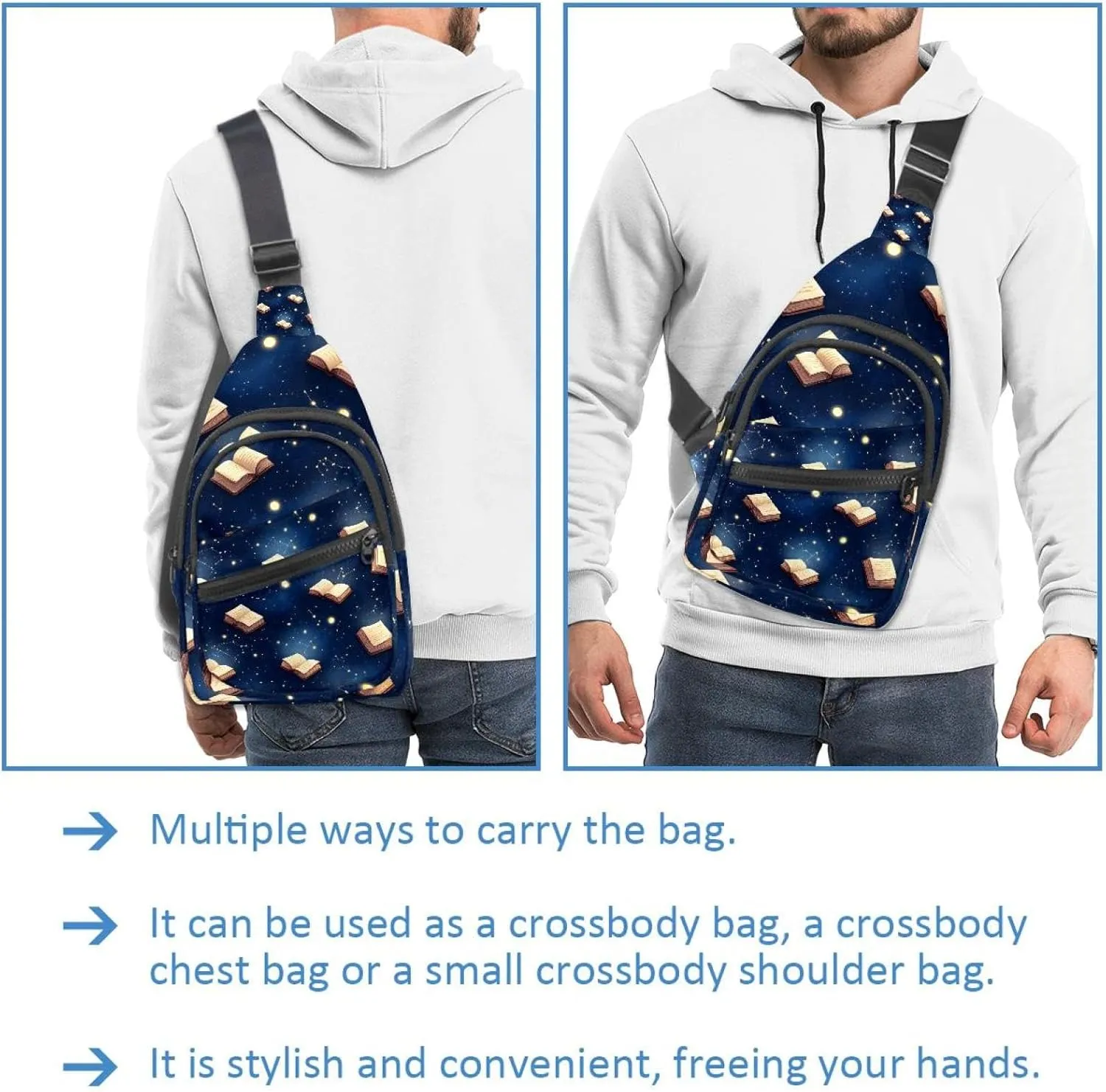 Crossbody Sling Backpack Sling Bag for Women Men, Magic Books Starry Sky Fanny Packs Chest Bag for Running Hiking