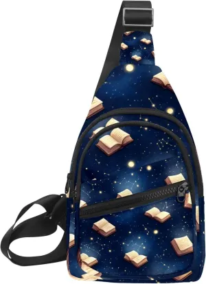 Crossbody Sling Backpack Sling Bag for Women Men, Magic Books Starry Sky Fanny Packs Chest Bag for Running Hiking