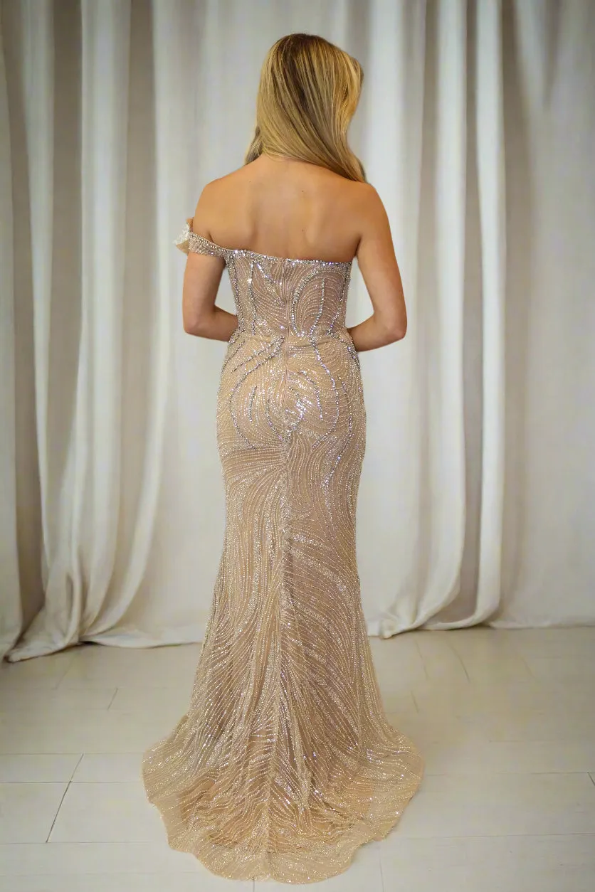 CRYSTAL & DIAMOND EMBELLISHED GOWN WITH BUST & SATIN DRAPE