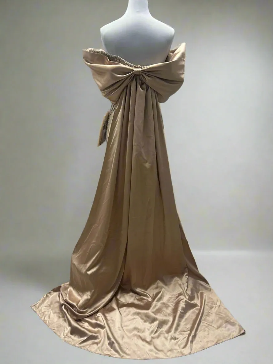 CRYSTAL & DIAMOND EMBELLISHED GOWN WITH BUST & SATIN DRAPE