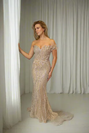 CRYSTAL & DIAMOND EMBELLISHED GOWN WITH BUST & SATIN DRAPE