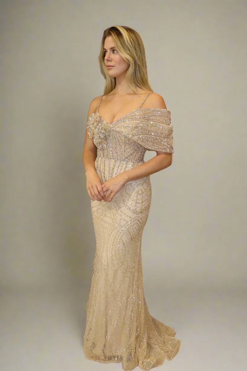 CRYSTAL & DIAMOND EMBELLISHED GOWN WITH FLORAL BUST FEATURE AND OVERSKIRT