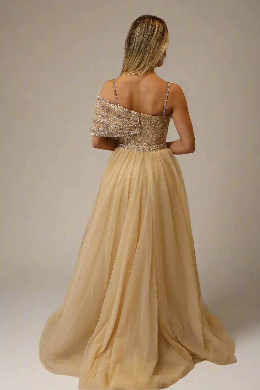 CRYSTAL & DIAMOND EMBELLISHED GOWN WITH FLORAL BUST FEATURE AND OVERSKIRT