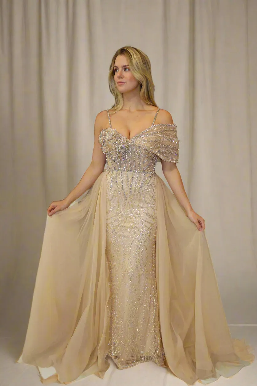 CRYSTAL & DIAMOND EMBELLISHED GOWN WITH FLORAL BUST FEATURE AND OVERSKIRT
