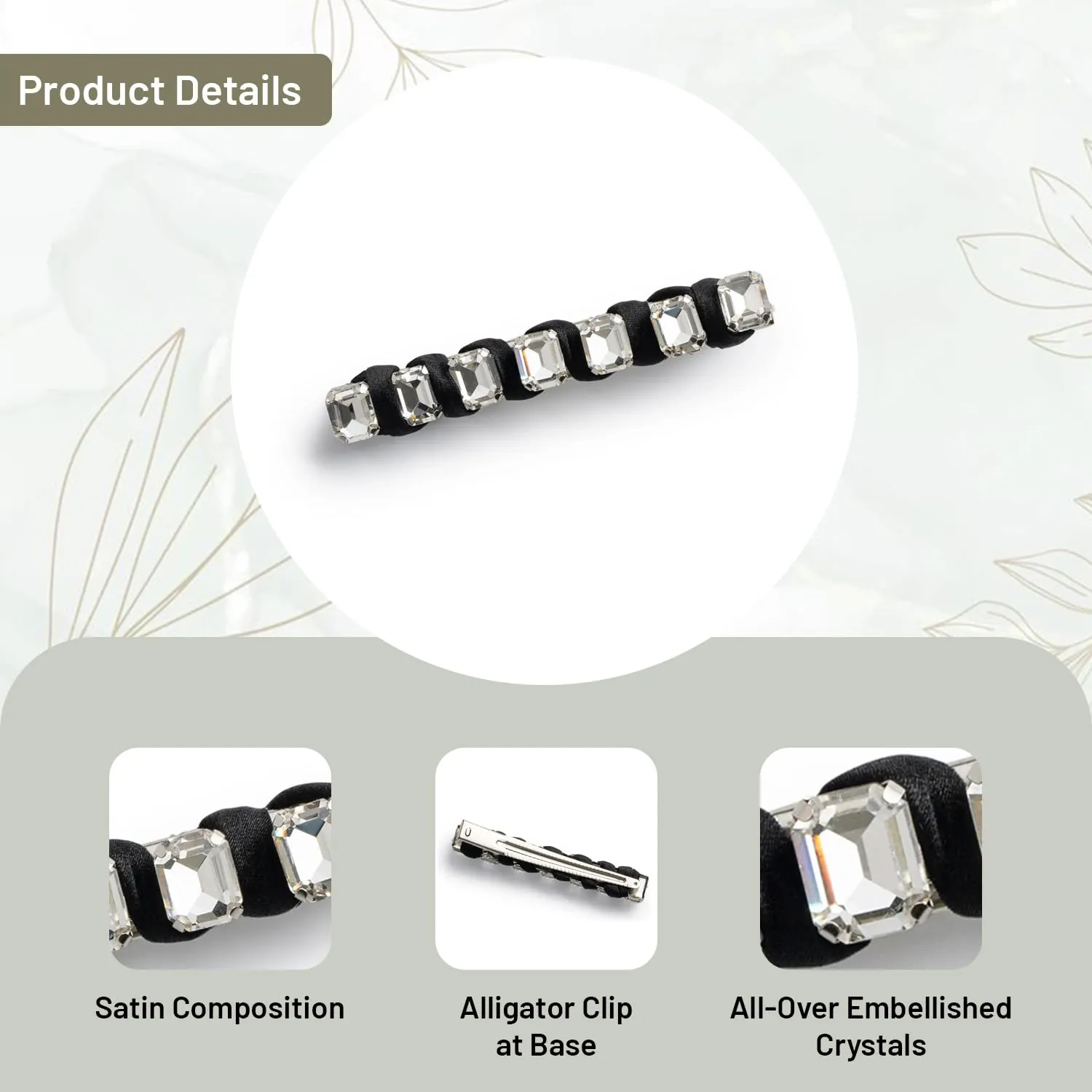 Crystal Satin Clip-Black| Satin Composition with Stunning All-Over Crystals & Secure Alligator Clip for Effortless Glam
