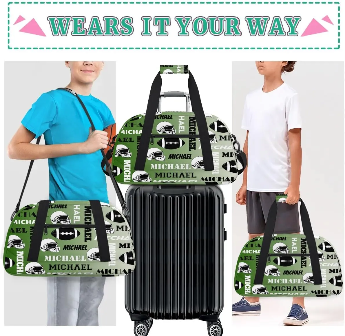 Custom Football Gym Bag Duffel Bag for Women Men, Personalized Sport Bag Overnight Bags Custom Name Travel Weekender Bag, Misty Green