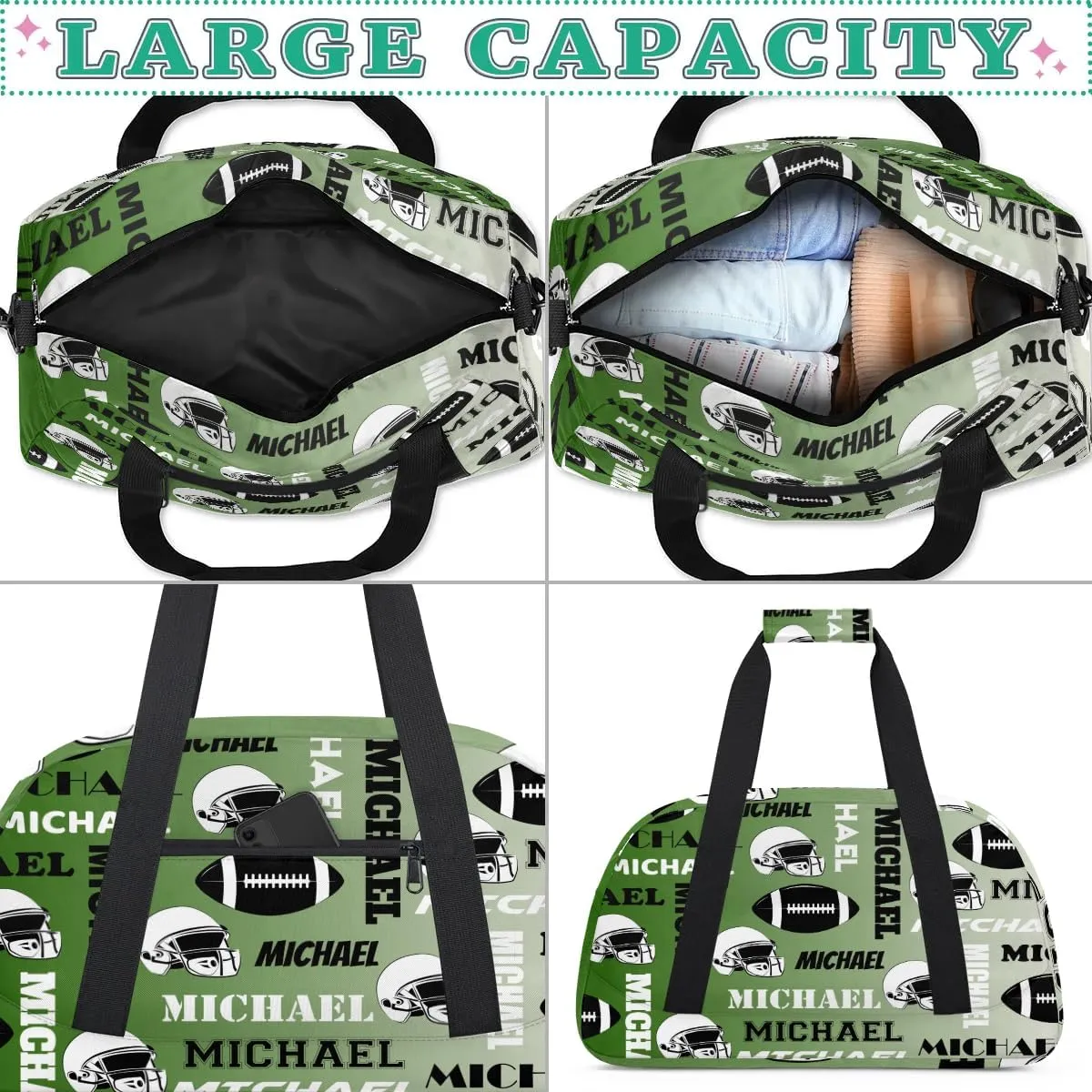 Custom Football Gym Bag Duffel Bag for Women Men, Personalized Sport Bag Overnight Bags Custom Name Travel Weekender Bag, Misty Green