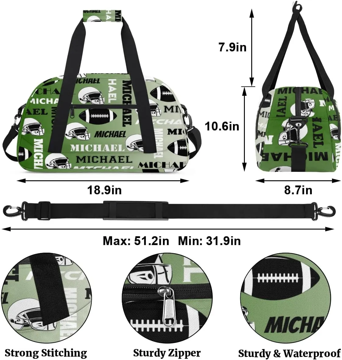 Custom Football Gym Bag Duffel Bag for Women Men, Personalized Sport Bag Overnight Bags Custom Name Travel Weekender Bag, Misty Green