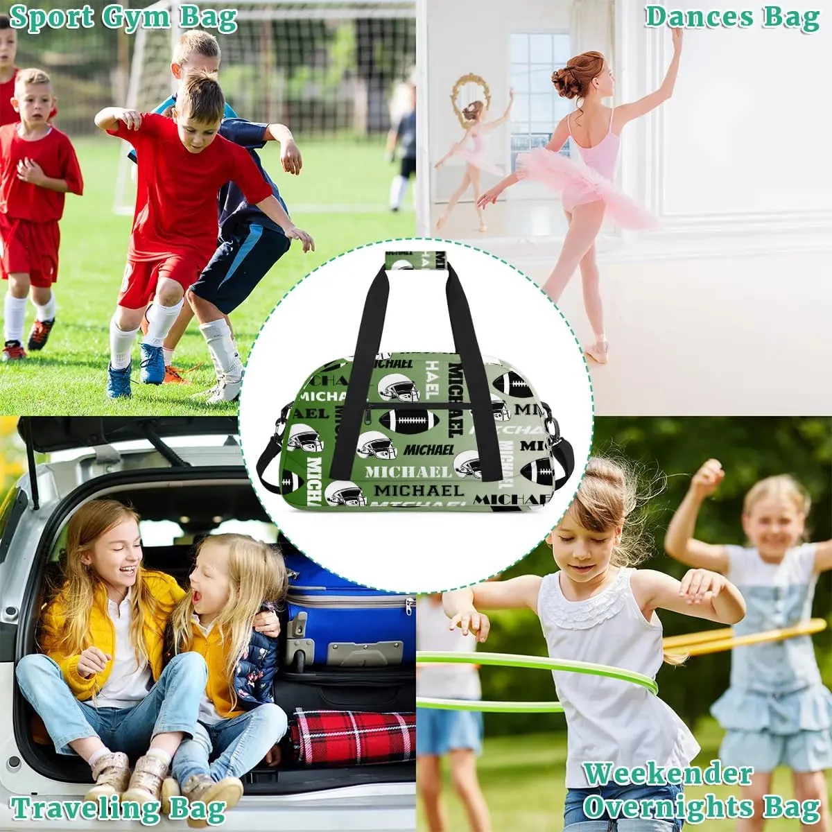 Custom Football Gym Bag Duffel Bag for Women Men, Personalized Sport Bag Overnight Bags Custom Name Travel Weekender Bag, Misty Green