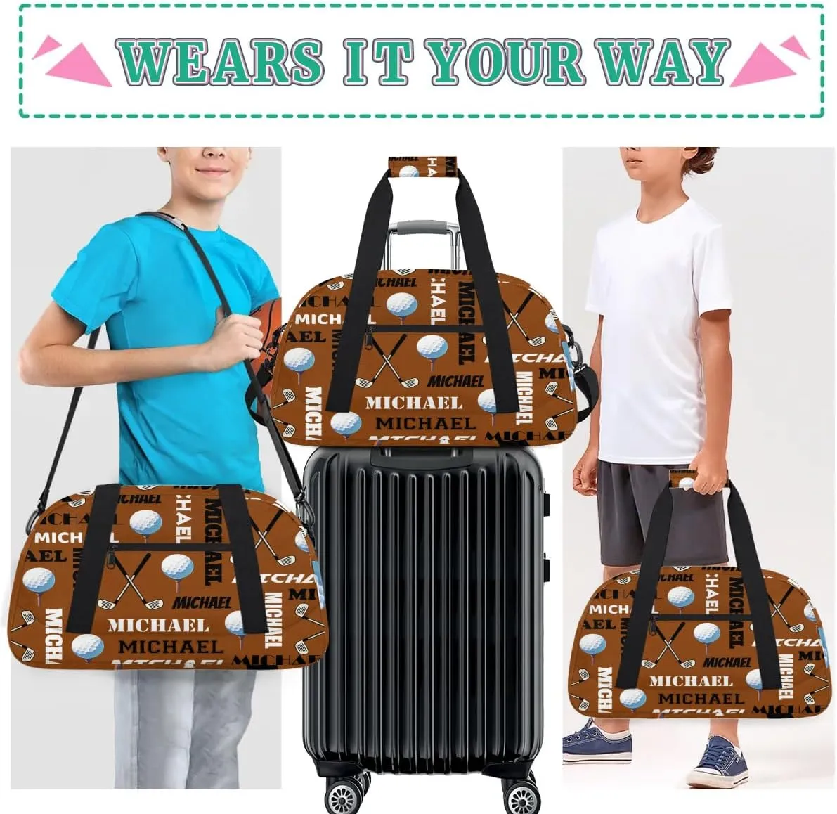 Custom Golf Gym Bag Duffel Bag for Women Men, Personalized Name Sport Bag Overnight Bags Customized Travel Weekender Bag, Brown