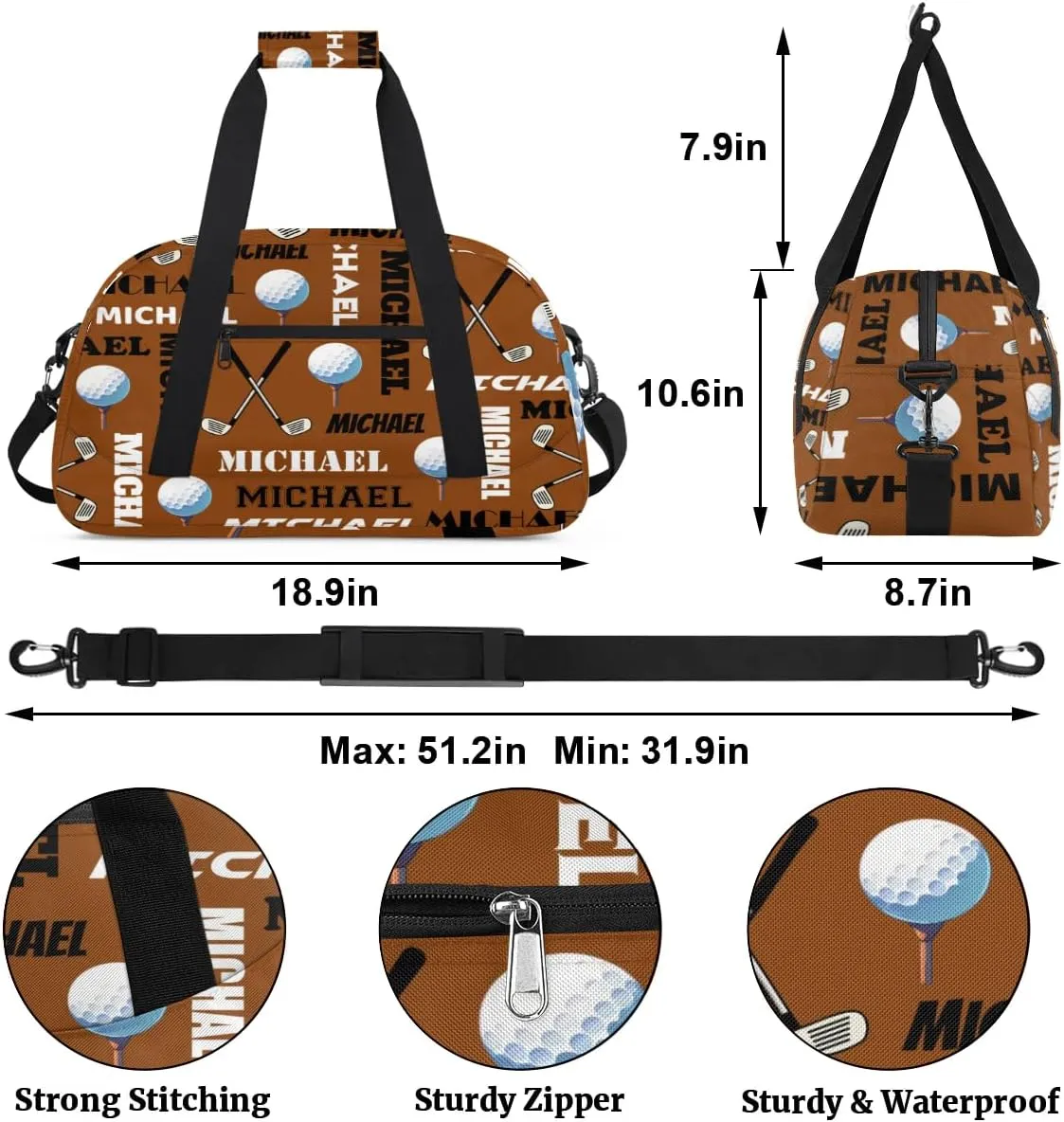 Custom Golf Gym Bag Duffel Bag for Women Men, Personalized Name Sport Bag Overnight Bags Customized Travel Weekender Bag, Brown