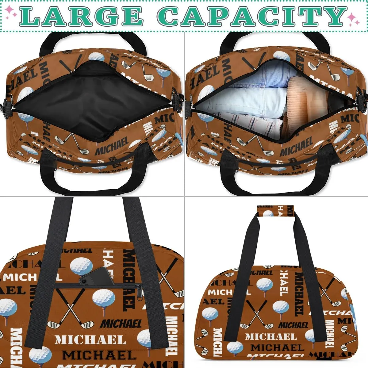 Custom Golf Gym Bag Duffel Bag for Women Men, Personalized Name Sport Bag Overnight Bags Customized Travel Weekender Bag, Brown
