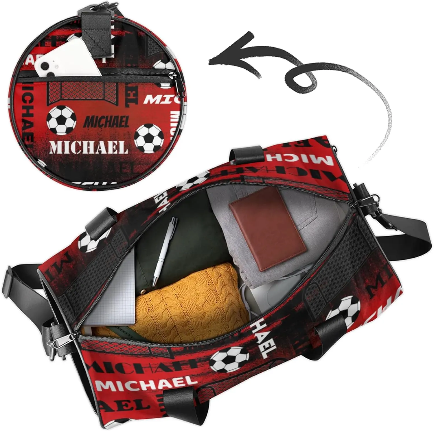 Custom Soccer Overnight Duffel Bag for Women Men, Personalized Name Sport Gym Bag Customized Travel Weekender Carry-On Bags, Black Red