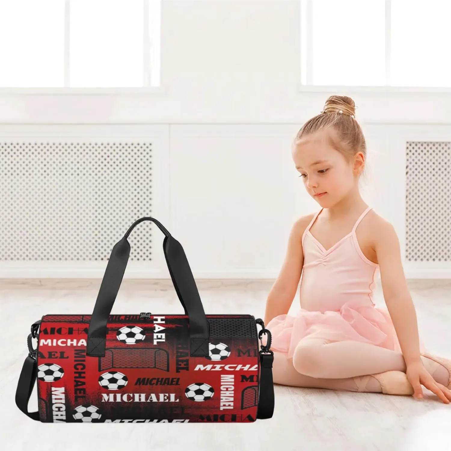 Custom Soccer Overnight Duffel Bag for Women Men, Personalized Name Sport Gym Bag Customized Travel Weekender Carry-On Bags, Black Red