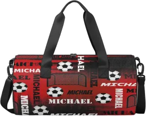 Custom Soccer Overnight Duffel Bag for Women Men, Personalized Name Sport Gym Bag Customized Travel Weekender Carry-On Bags, Black Red