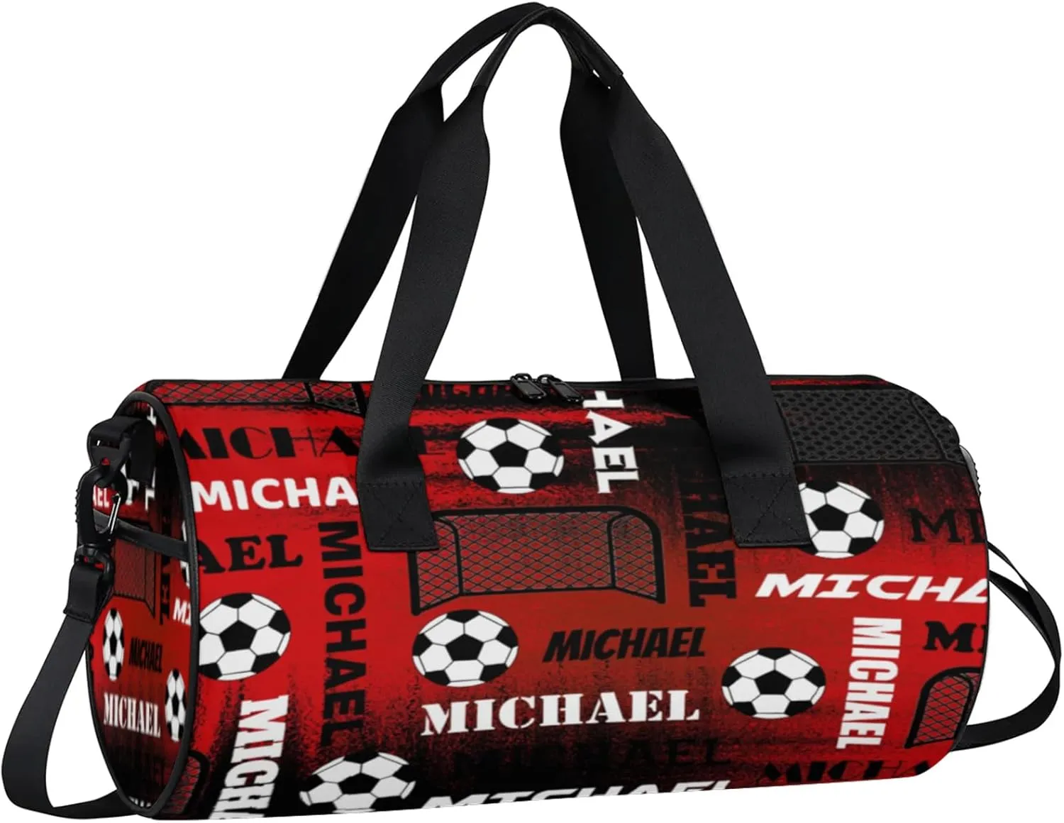 Custom Soccer Overnight Duffel Bag for Women Men, Personalized Name Sport Gym Bag Customized Travel Weekender Carry-On Bags, Black Red