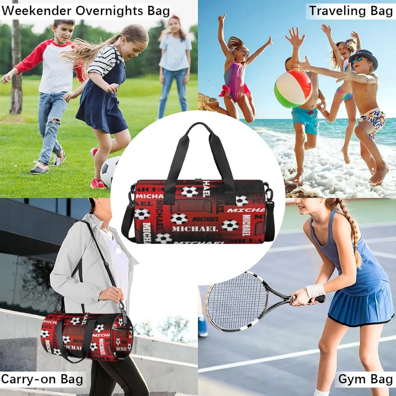 Custom Soccer Overnight Duffel Bag for Women Men, Personalized Name Sport Gym Bag Customized Travel Weekender Carry-On Bags, Black Red
