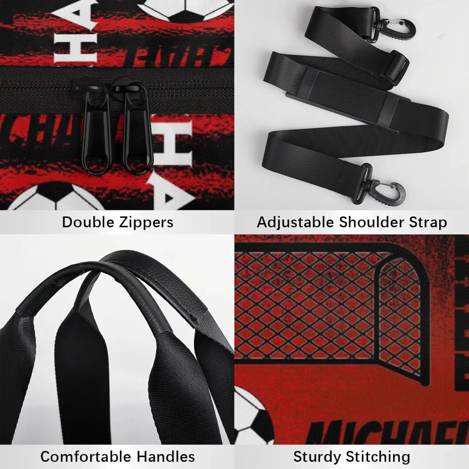 Custom Soccer Overnight Duffel Bag for Women Men, Personalized Name Sport Gym Bag Customized Travel Weekender Carry-On Bags, Black Red