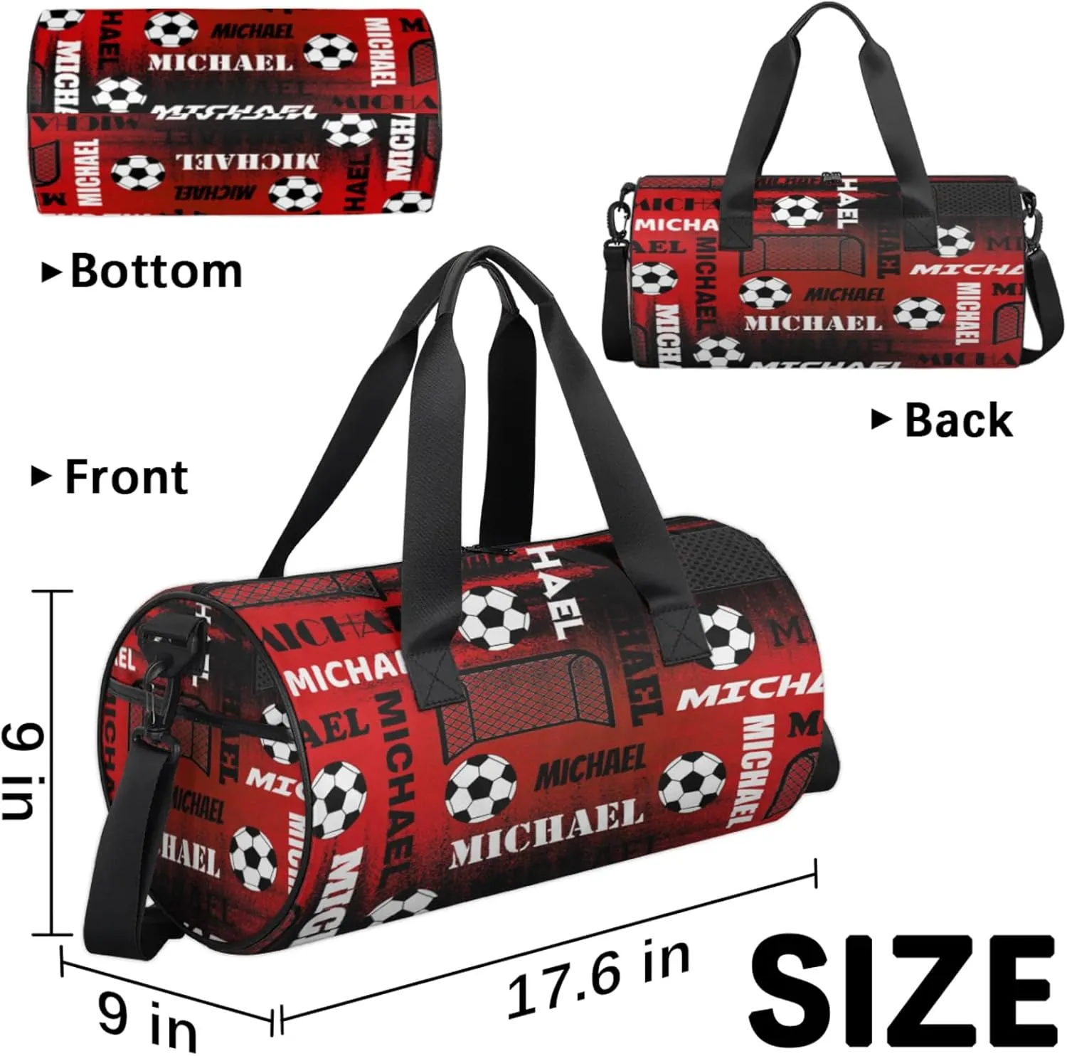 Custom Soccer Overnight Duffel Bag for Women Men, Personalized Name Sport Gym Bag Customized Travel Weekender Carry-On Bags, Black Red