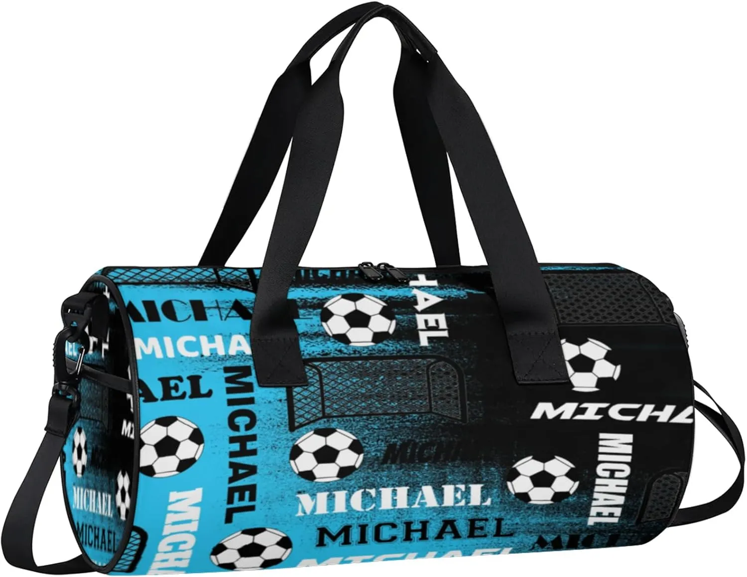 Custom Soccer Overnight Duffel Bag for Women Men, Personalized Name Sport Gym Bag Customized Travel Weekender Carry-On Bags, Blue Black Print