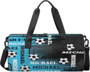 Custom Soccer Overnight Duffel Bag for Women Men, Personalized Name Sport Gym Bag Customized Travel Weekender Carry-On Bags, Blue Black Print