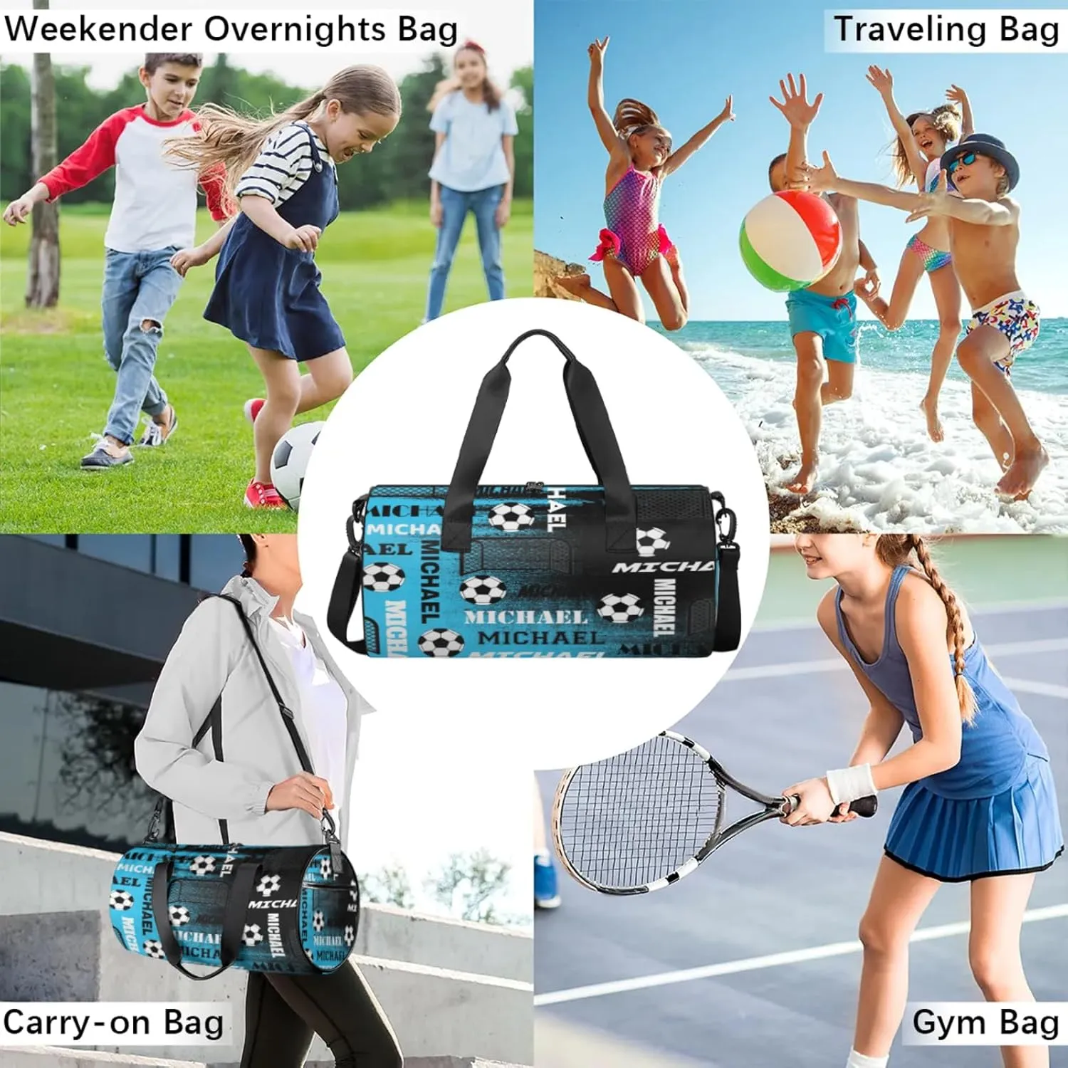 Custom Soccer Overnight Duffel Bag for Women Men, Personalized Name Sport Gym Bag Customized Travel Weekender Carry-On Bags, Blue Black Print