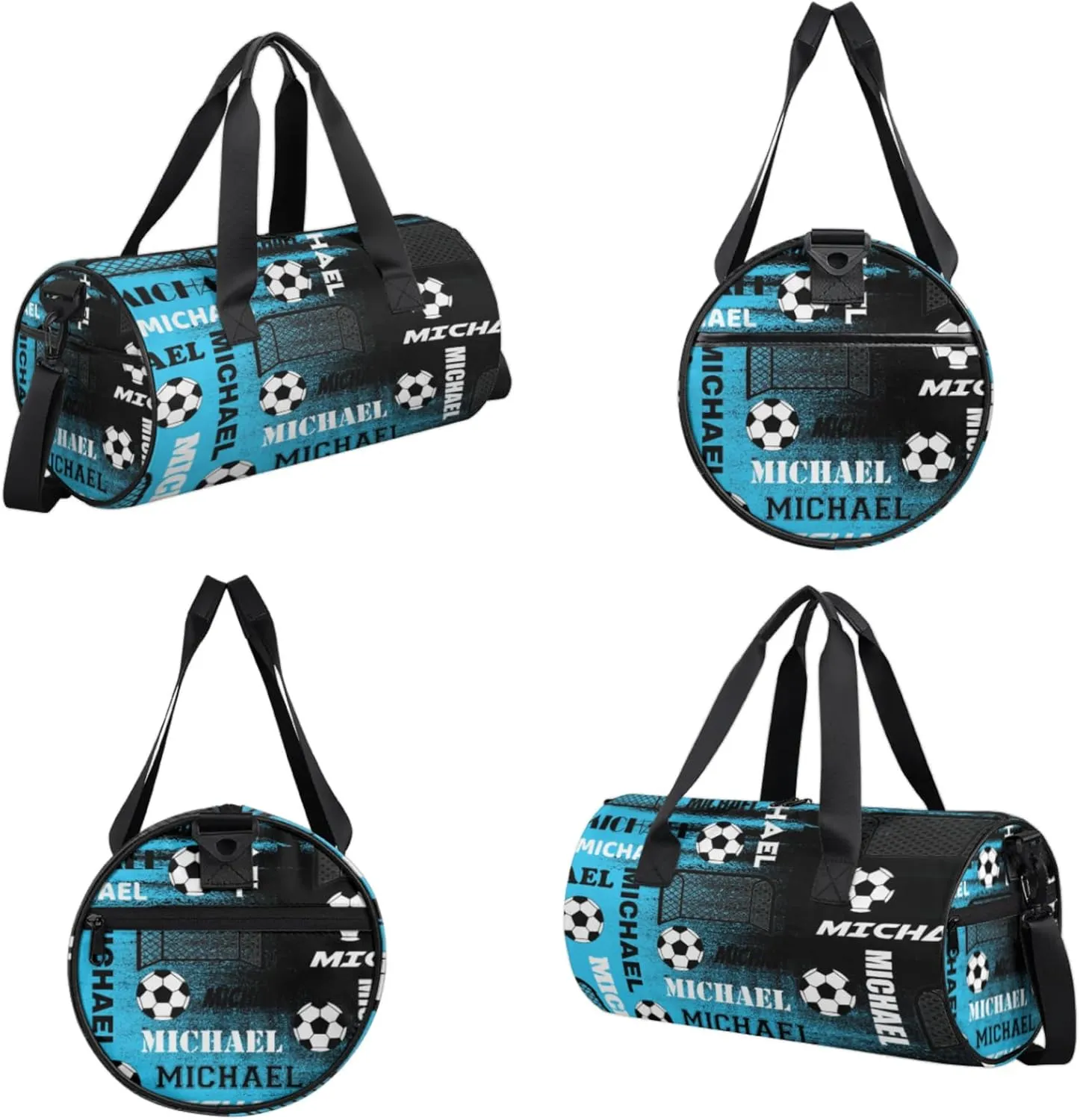 Custom Soccer Overnight Duffel Bag for Women Men, Personalized Name Sport Gym Bag Customized Travel Weekender Carry-On Bags, Blue Black Print
