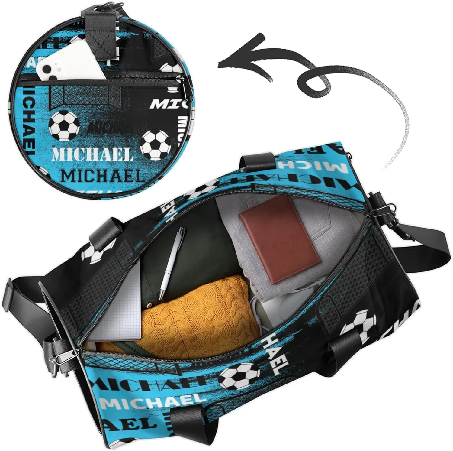 Custom Soccer Overnight Duffel Bag for Women Men, Personalized Name Sport Gym Bag Customized Travel Weekender Carry-On Bags, Blue Black Print