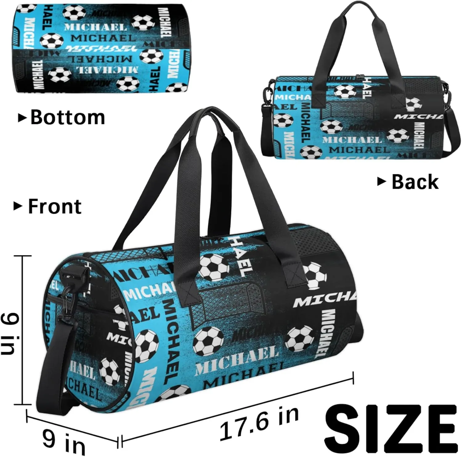 Custom Soccer Overnight Duffel Bag for Women Men, Personalized Name Sport Gym Bag Customized Travel Weekender Carry-On Bags, Blue Black Print