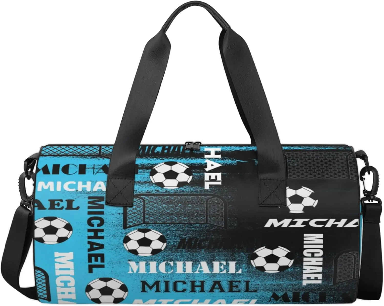 Custom Soccer Overnight Duffel Bag for Women Men, Personalized Name Sport Gym Bag Customized Travel Weekender Carry-On Bags, Blue Black Print