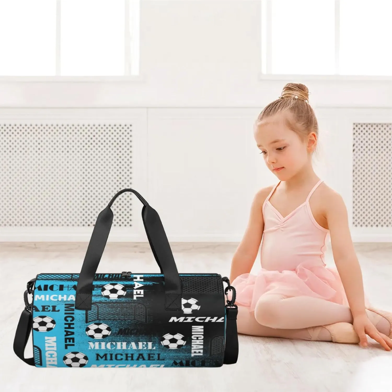 Custom Soccer Overnight Duffel Bag for Women Men, Personalized Name Sport Gym Bag Customized Travel Weekender Carry-On Bags, Blue Black Print