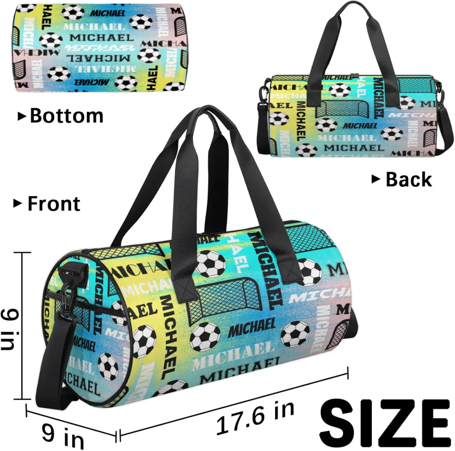 Custom Soccer Overnight Duffel Bag for Women Men, Personalized Name Sport Gym Bag Customized Travel Weekender Carry-On Bags, Blue Yellow Pinks