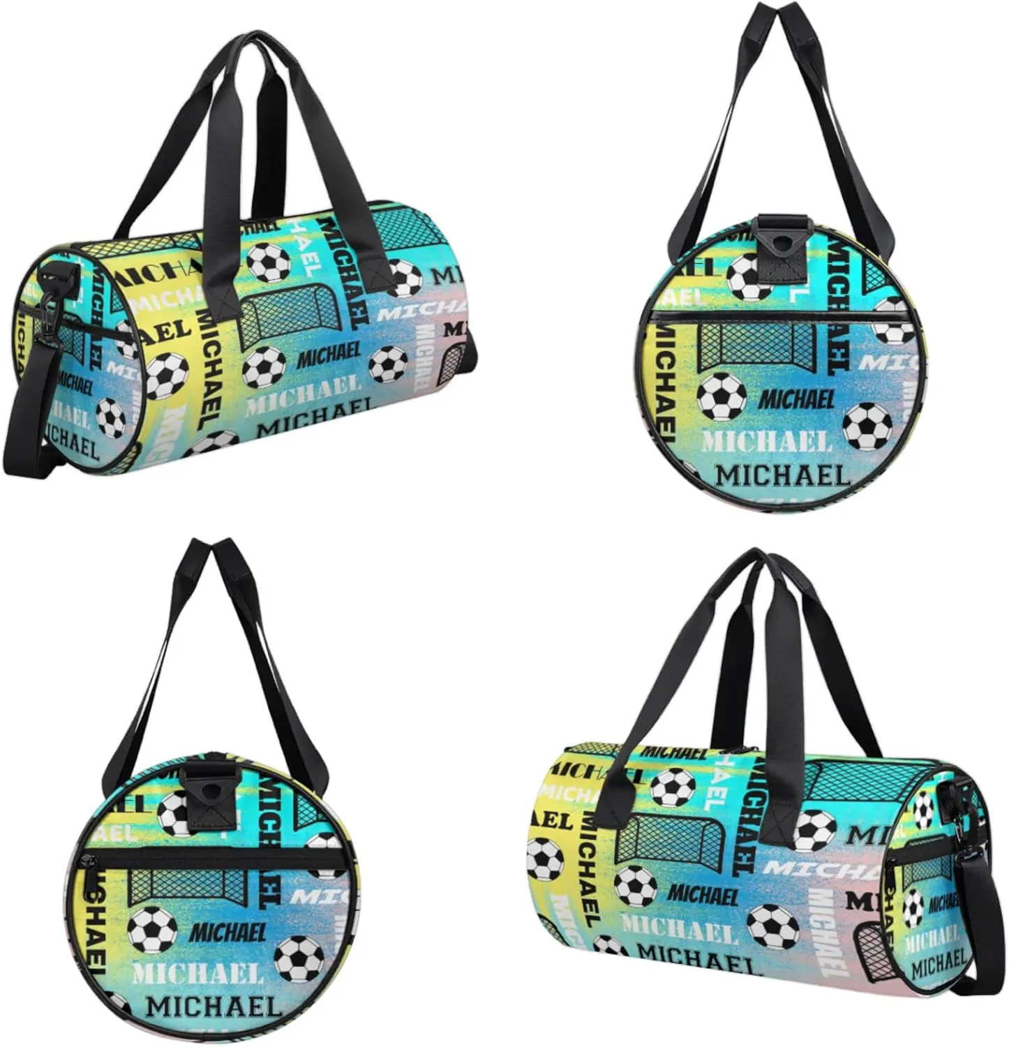 Custom Soccer Overnight Duffel Bag for Women Men, Personalized Name Sport Gym Bag Customized Travel Weekender Carry-On Bags, Blue Yellow Pinks