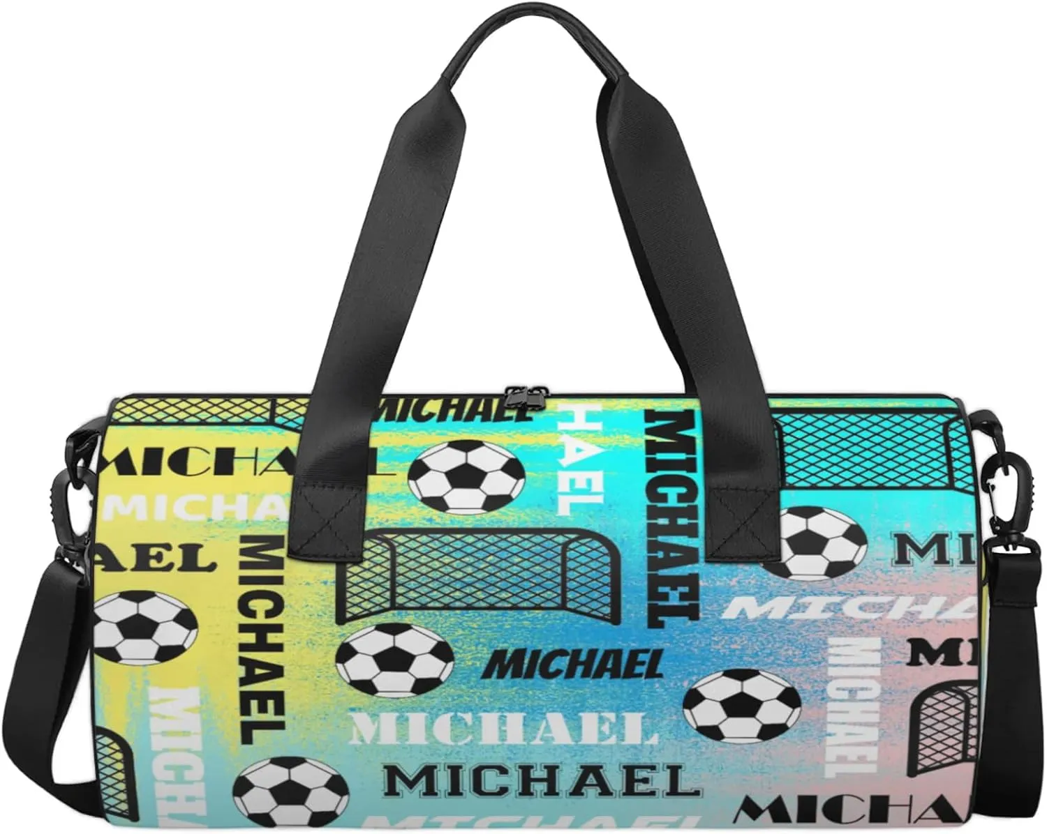Custom Soccer Overnight Duffel Bag for Women Men, Personalized Name Sport Gym Bag Customized Travel Weekender Carry-On Bags, Blue Yellow Pinks