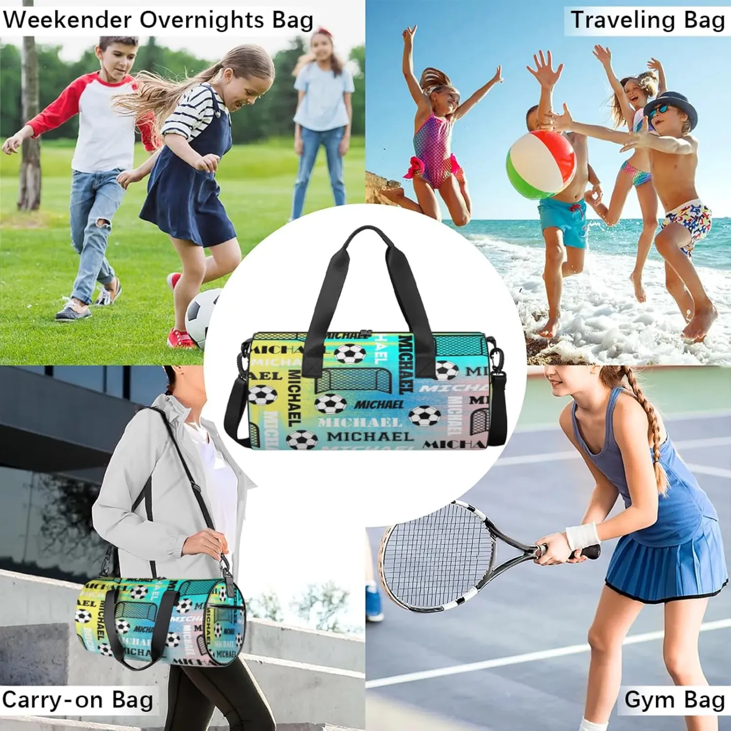 Custom Soccer Overnight Duffel Bag for Women Men, Personalized Name Sport Gym Bag Customized Travel Weekender Carry-On Bags, Blue Yellow Pinks