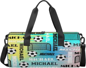 Custom Soccer Overnight Duffel Bag for Women Men, Personalized Name Sport Gym Bag Customized Travel Weekender Carry-On Bags, Blue Yellow Pinks
