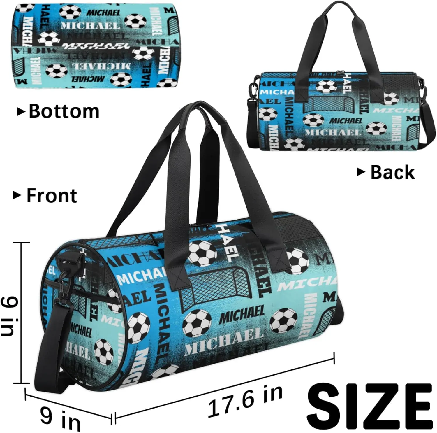 Custom Soccer Overnight Duffel Bag for Women Men, Personalized Name Sport Gym Bag Customized Travel Weekender Carry-On Bags, Blue