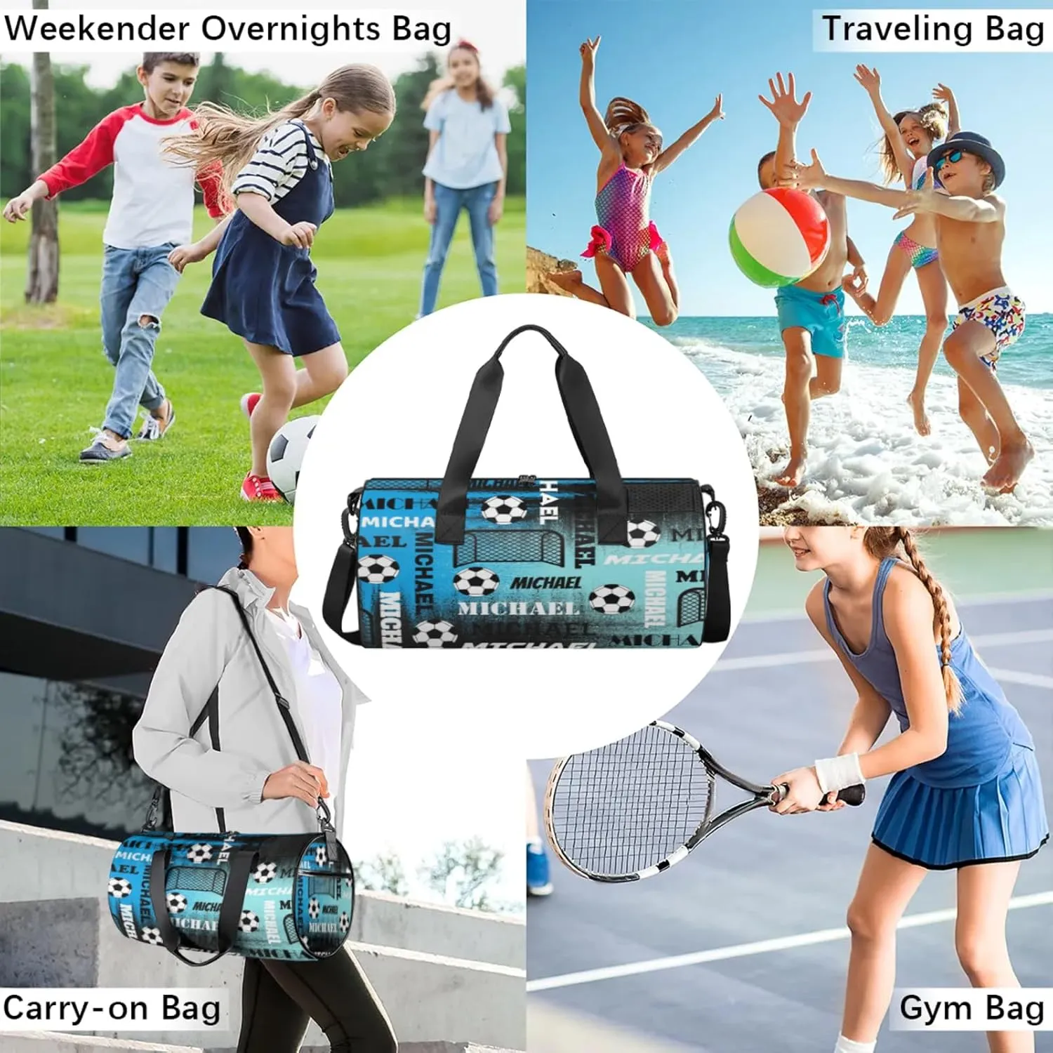 Custom Soccer Overnight Duffel Bag for Women Men, Personalized Name Sport Gym Bag Customized Travel Weekender Carry-On Bags, Blue