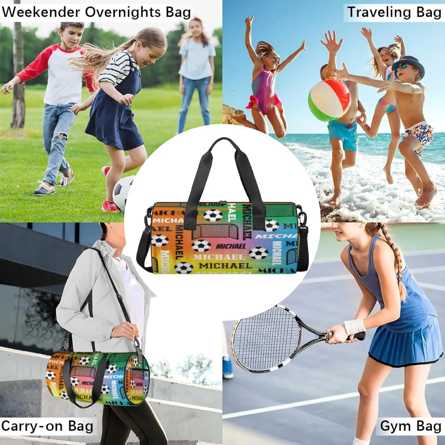 Custom Soccer Overnight Duffel Bag for Women Men, Personalized Name Sport Gym Bag Customized Travel Weekender Carry-On Bags, Colorful
