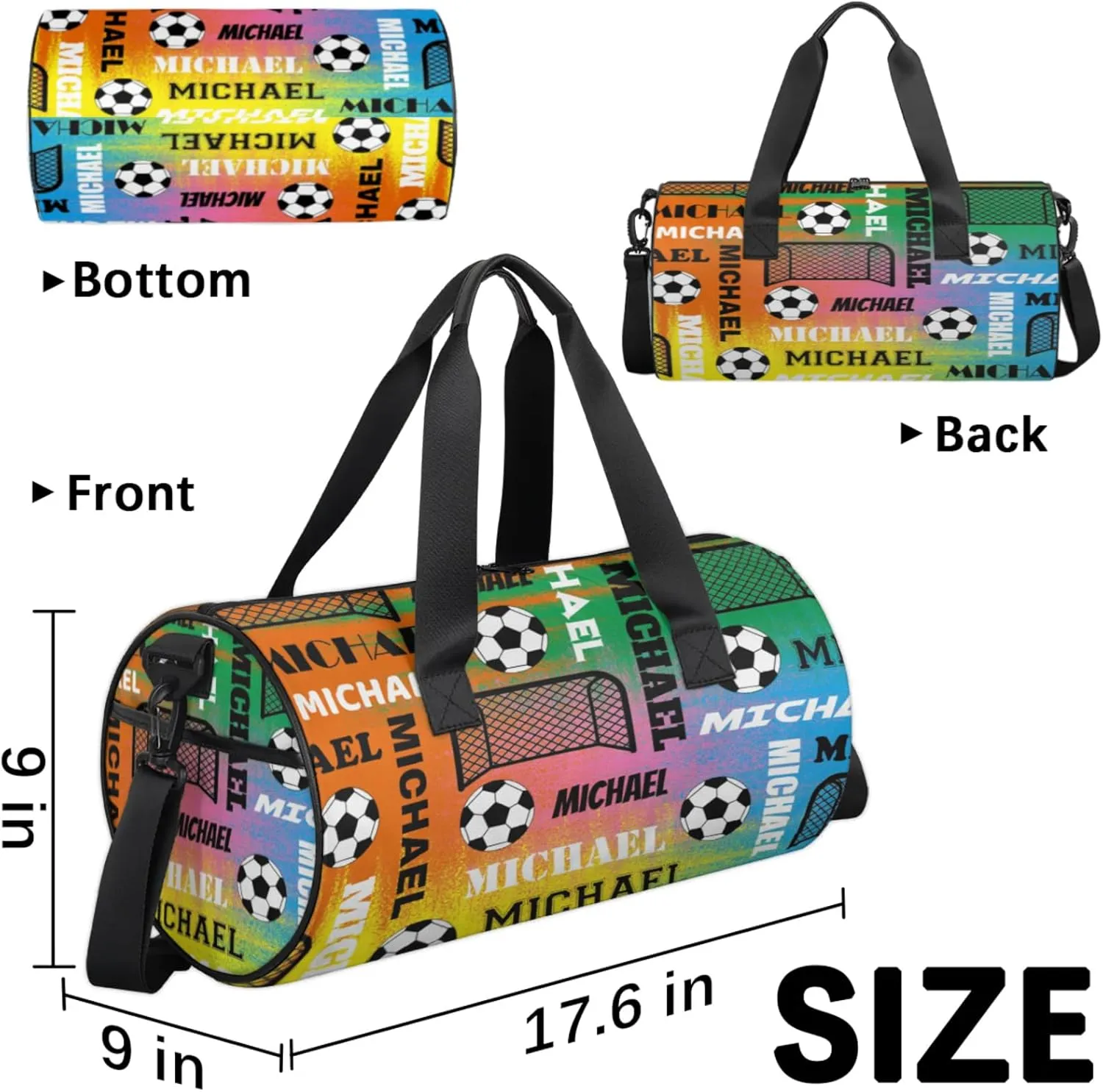 Custom Soccer Overnight Duffel Bag for Women Men, Personalized Name Sport Gym Bag Customized Travel Weekender Carry-On Bags, Colorful