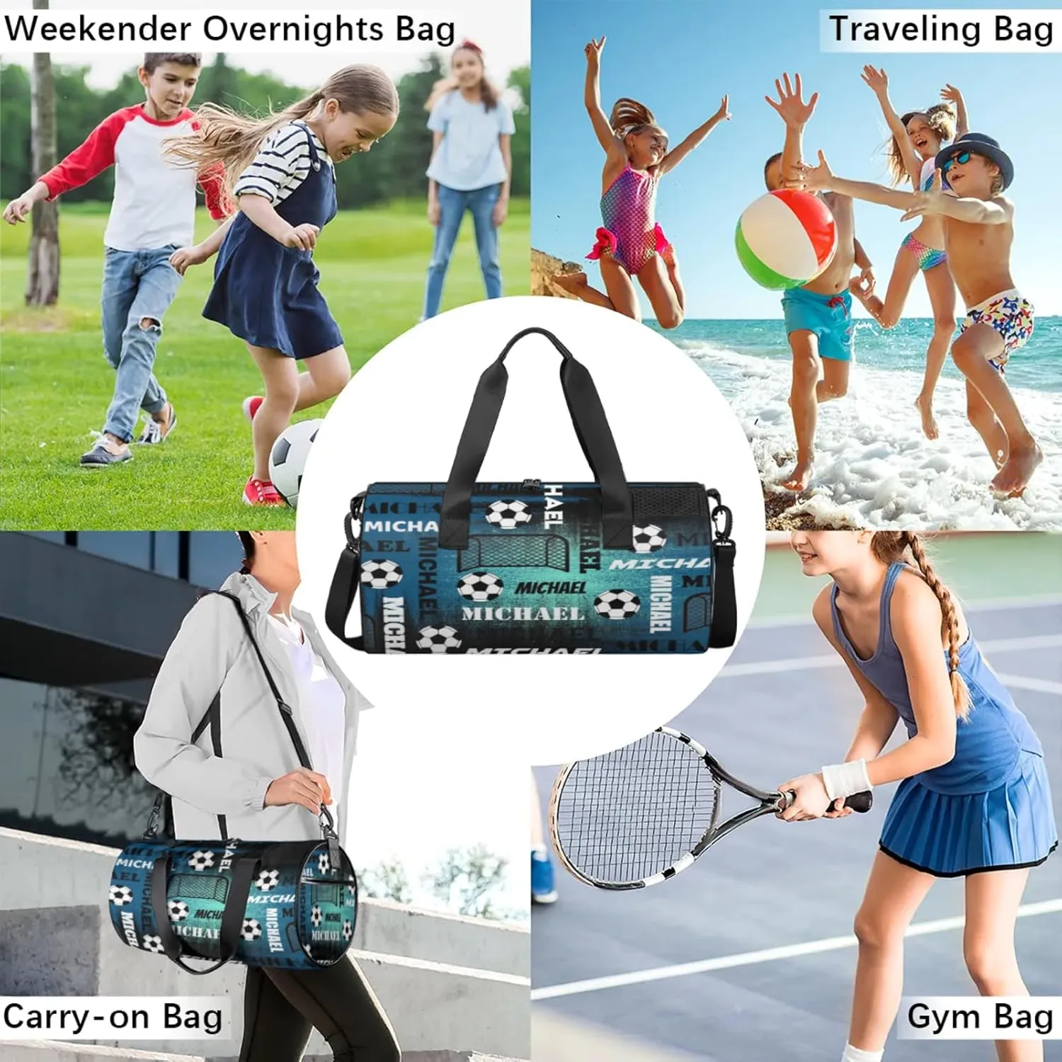 Custom Soccer Overnight Duffel Bag for Women Men, Personalized Name Sport Gym Bag Customized Travel Weekender Carry-On Bags, Navy