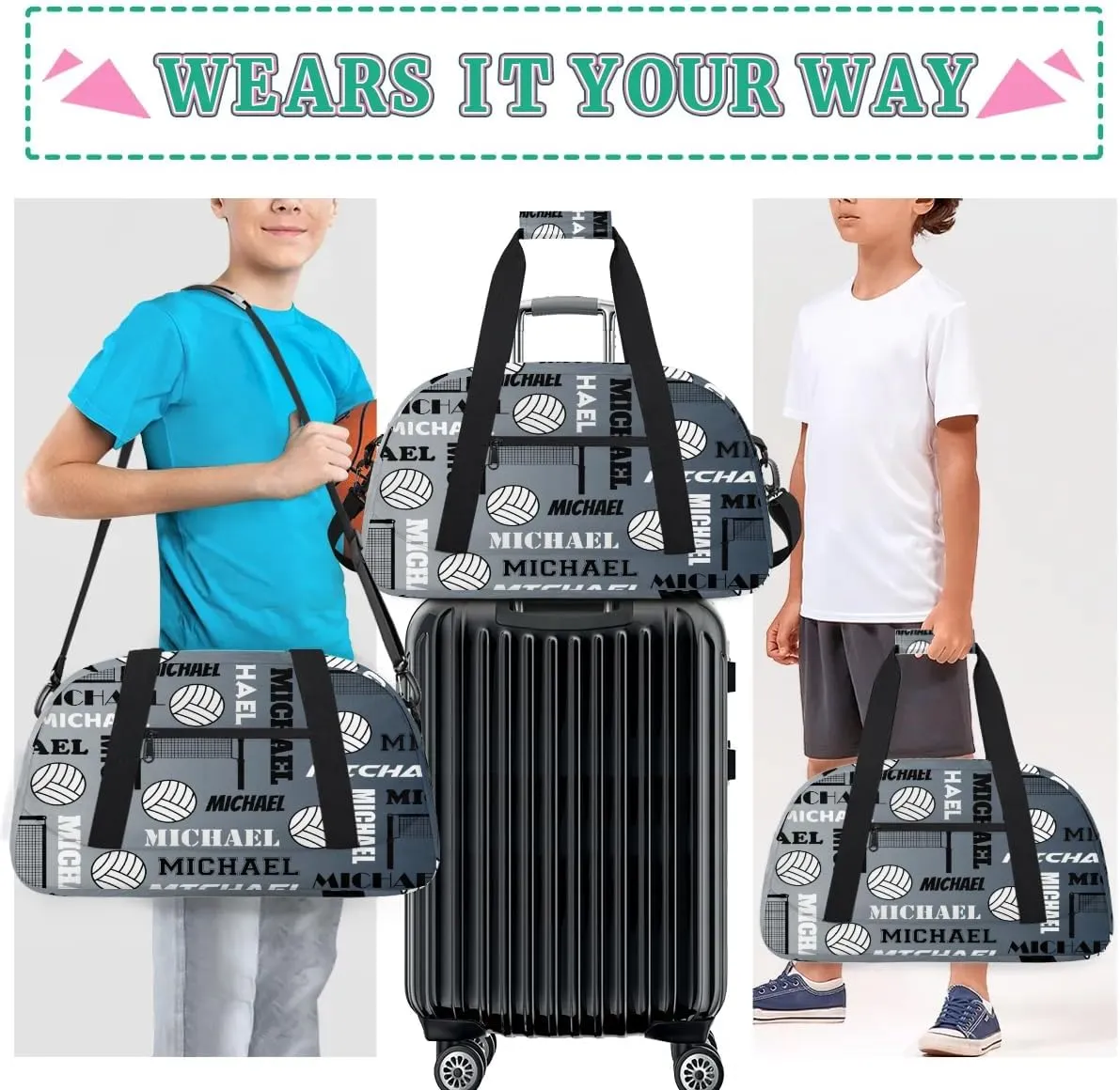 Custom Volleyball Gym Bag Duffel Bag for Women Men, Personalized Name Sport Bag Overnight Bags Customized Travel Weekender Bag, Black Grey