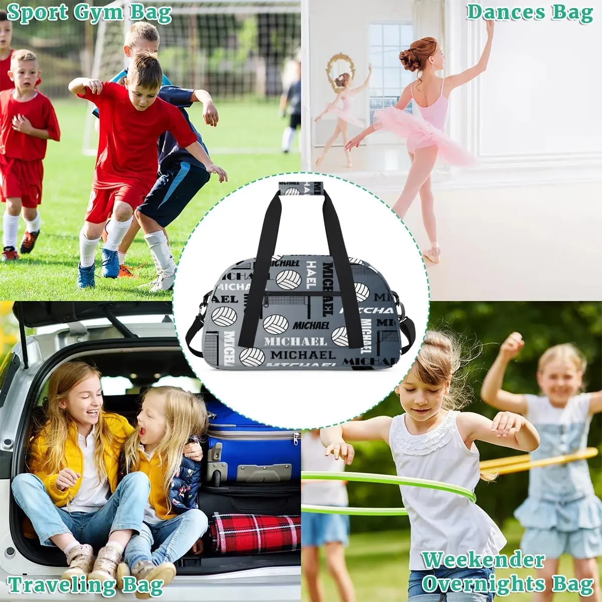 Custom Volleyball Gym Bag Duffel Bag for Women Men, Personalized Name Sport Bag Overnight Bags Customized Travel Weekender Bag, Black Grey